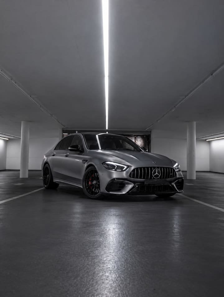 Matte grey Mercedes-AMG C 63 S from the front three-quarter view with Panamericana grille, black wheels and red brake calipers in an underground car park